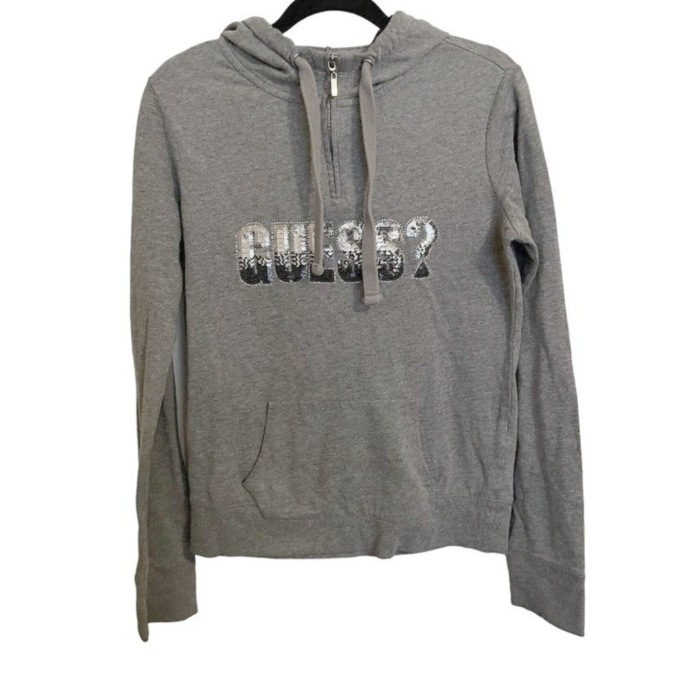 Y2K Guess Sequin spellout‎ Hoodie Medium  Gray silver quarter zip